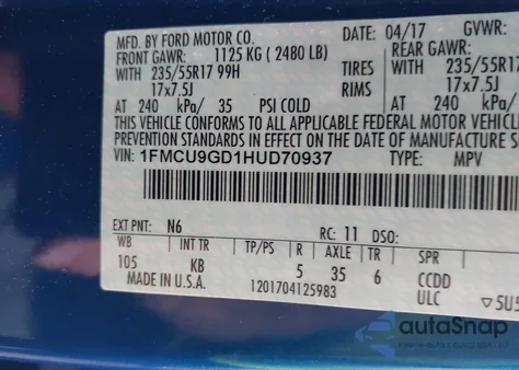 2017 Ford Escape Se z USA, uszkodzony, nr VIN 1FMCU9GD1HUD70937